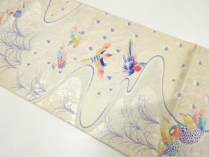アンティーク　流水に孔雀羽根・水鳥模様織り出し袋帯（材料）
